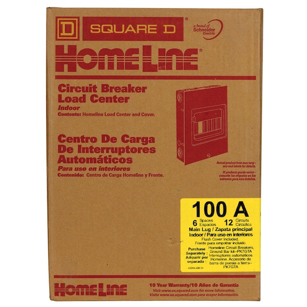 Load Center, 6 Spaces, 100A, 120/240V AC, Main Lug, 1 Phase